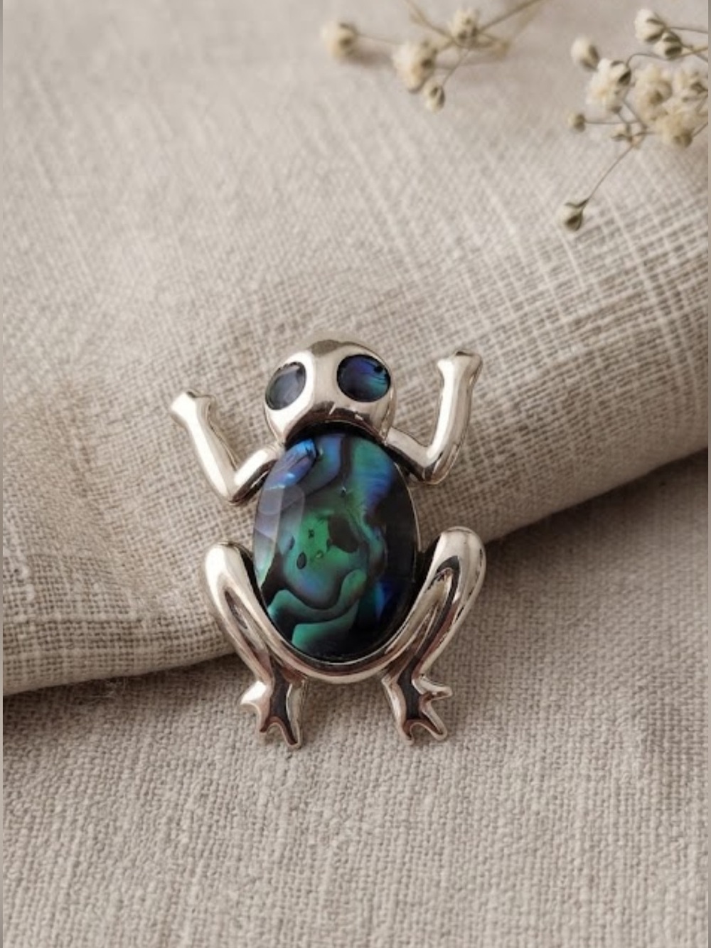 Abalone Silver Tone Frog Brooch